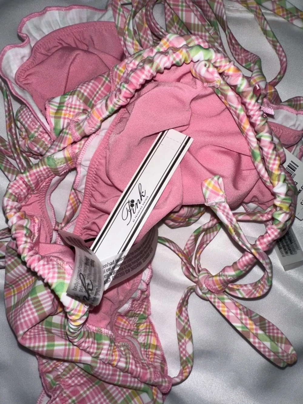 Frankie’s Bikinis Pink Plaid Ruffle Bikini Set Size Large NWT